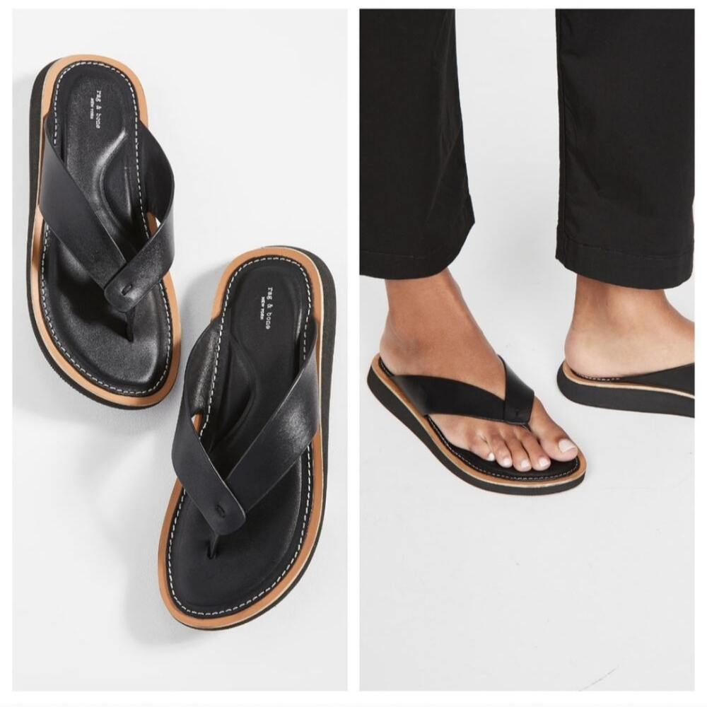 Rag & Bone Black Parker Thong Leather Sandals with Cushioned Straps Size 39 Nwot